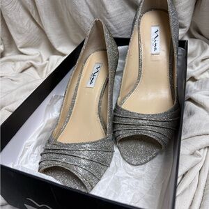 Nina Glittering Silver Peep Toe Heels